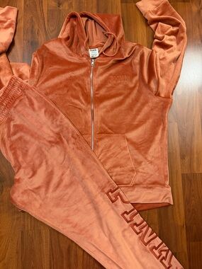 PINK Velour Zip Hoodie & Joggers Set - Burnt Orange/Rust